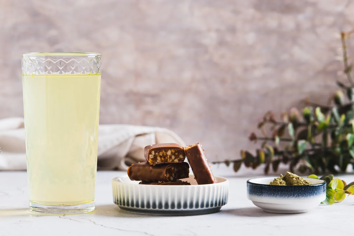 Functional beverages and confectioneries on a table.
